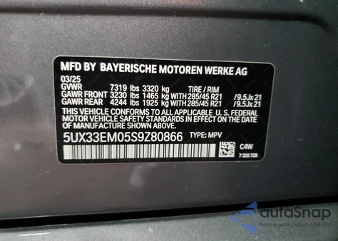 2025 BMW X7 M60I from USA, damaged, VIN 5UX33EM05S9Z80866
